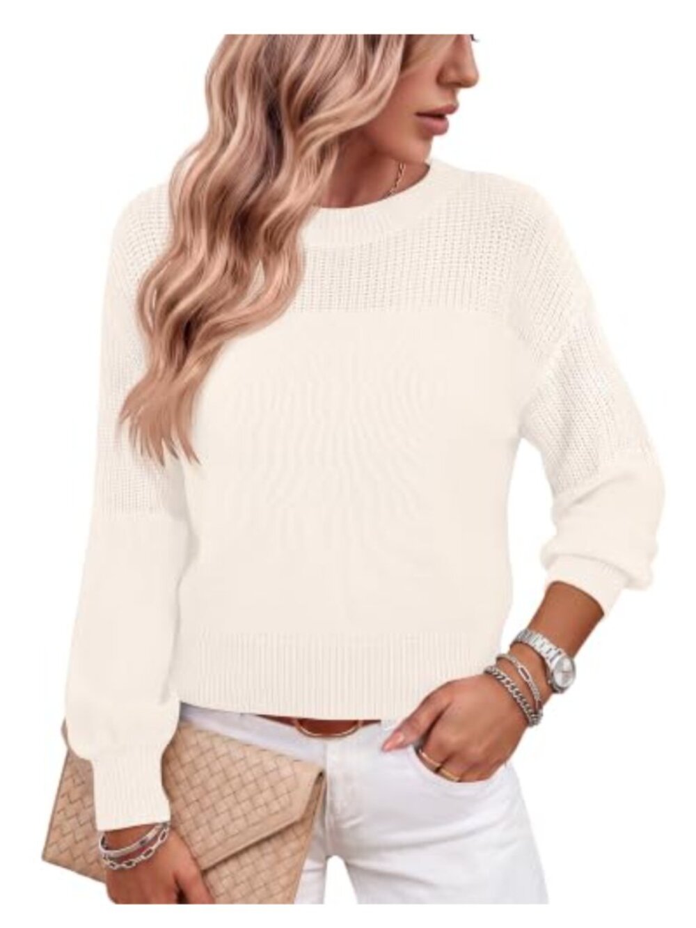 Women's Cropped Chunky Ribbed Knit Pullover Sweater - Long Sleeve Crew Neck